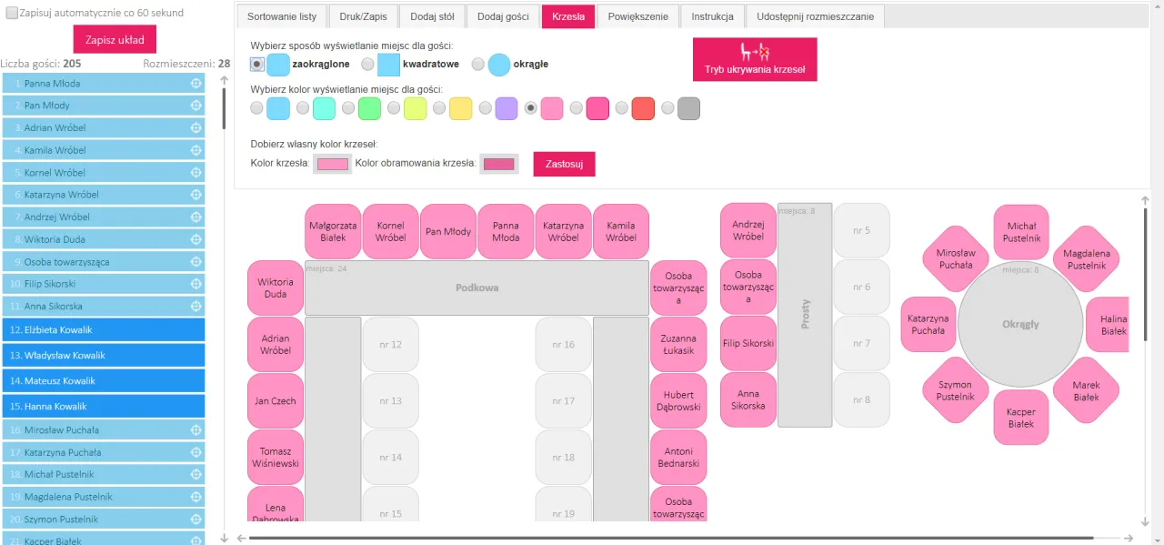 aplikacja do usadzania gości weselnych, program do planowania stołów