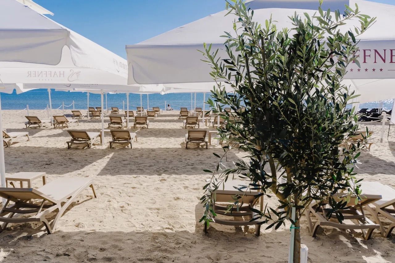 Plaża w Sopocie z leżakami i parasolami, idealne miejsce na relaks i atrakcje dla dzieci.