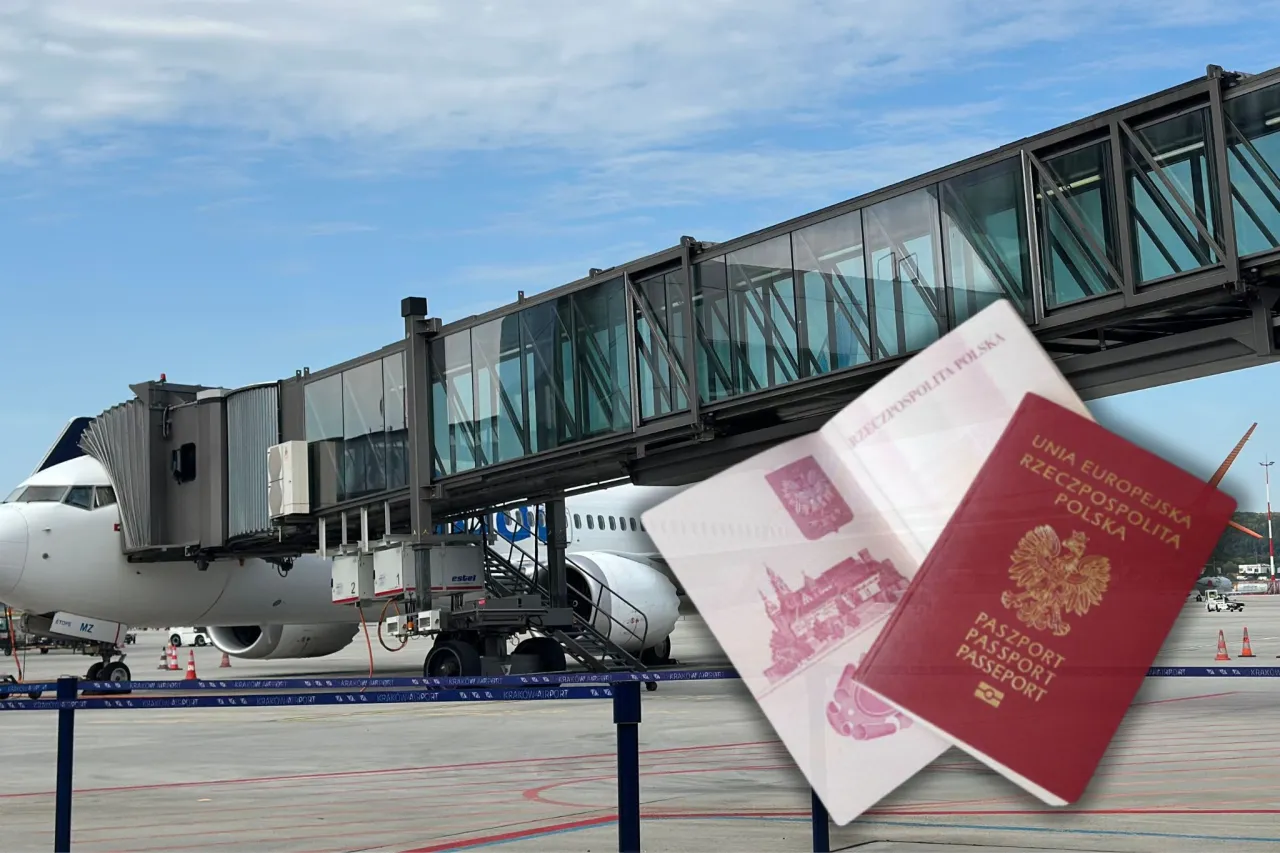 Pasporty na tle rękawa lotniczego i samolotu. Czy można opuścić lotnisko podczas przesiadki?
