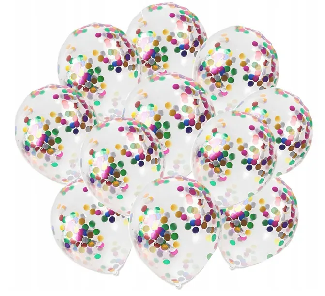 różne rodzaje konfetti i przezroczyste balony
