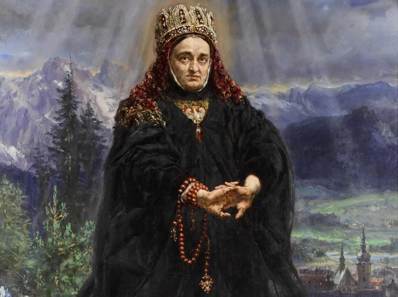 Portret kr&oacute;lowej z koroną i r&oacute;żańcem, w tle g&oacute;ry i miasto. Obraz nawiązuje do legendy o świętej Kindze.