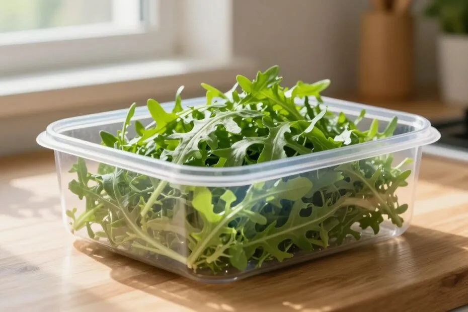 rukola w pojemniku z ręcznikiem papierowym