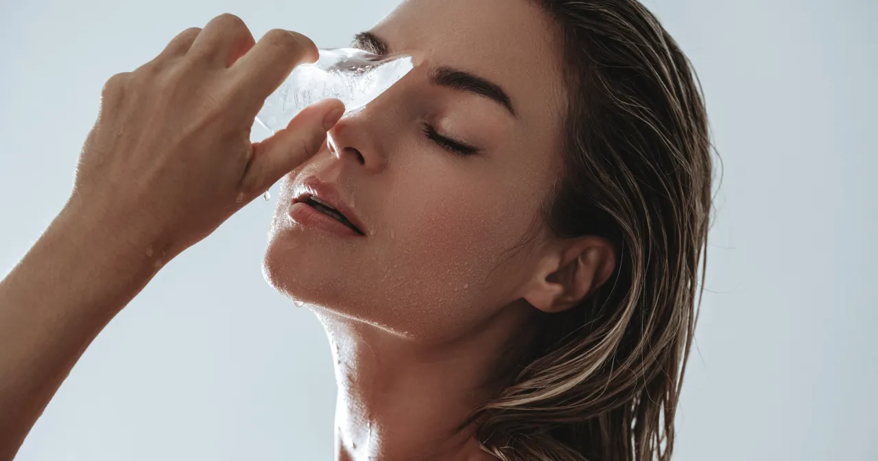 kobieta delikatnie przykładająca zimny kompres do ust