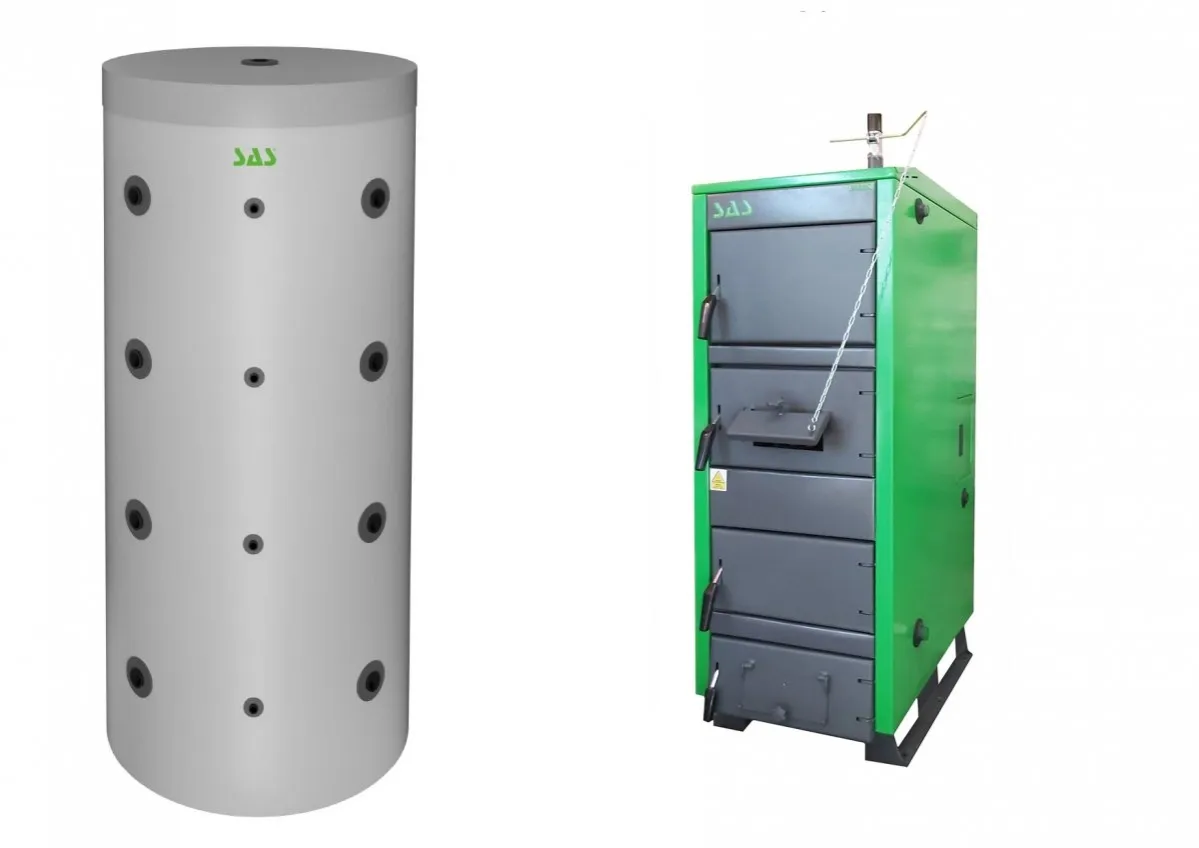 Nowoczesny kocioł co na drewno i zasobnik ciepłej wody użytkowej. Efektywne ogrzewanie domu.