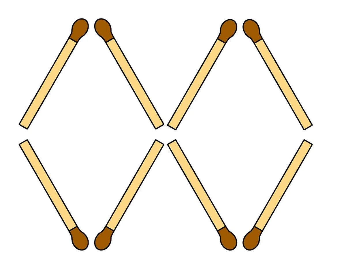 Osiem zapałek ułożonych w kształt dw&oacute;ch romb&oacute;w, tworzących zagadkę o tr&oacute;jkącie.