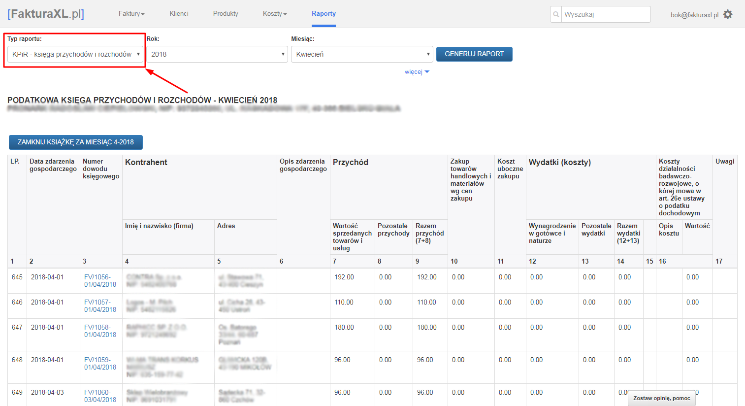 przykładowa faktura kosztowa z zaznaczonymi datami i miejscem na wpis w KPiR