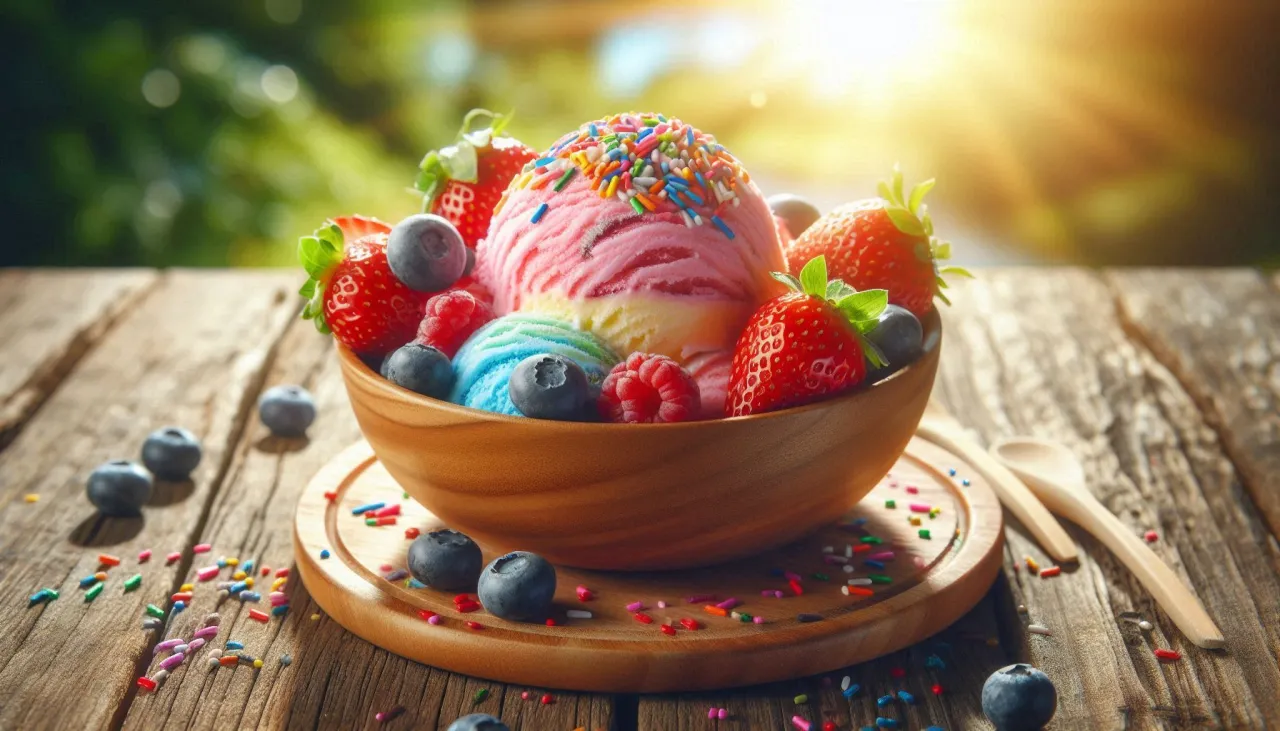 Kolorowe lody z owocami i posypką w drewnianej misce. Idealne, gdy zastanawiasz się, jak zrobić domowe lody dietetyczne.