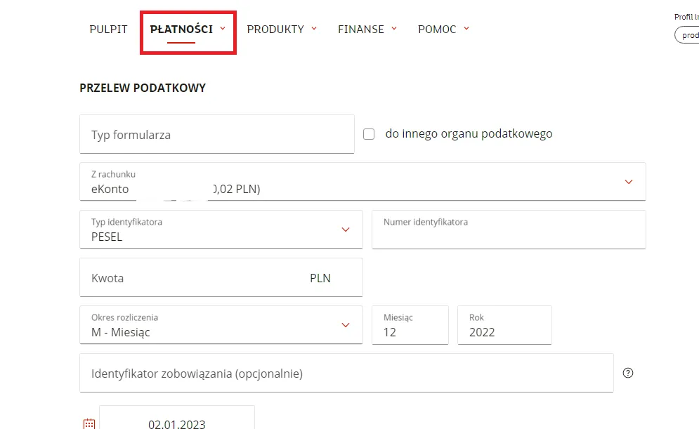 przelew podatkowy online formularz bankowy