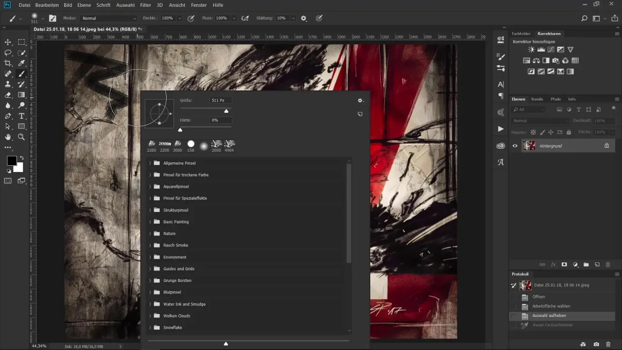 Panel pędzli w Photoshopie pokazuje, jak zrobić pędzel, z opcjami rozmiaru i twardości.