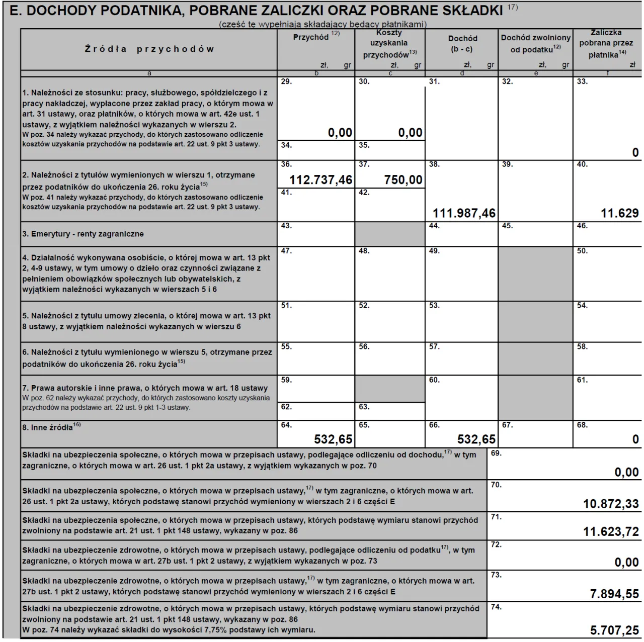 Przykład wypełnionego PIT-11 część E