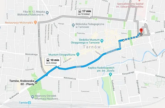 Mapa trasy autobusu linii 9 Tarn&oacute;w