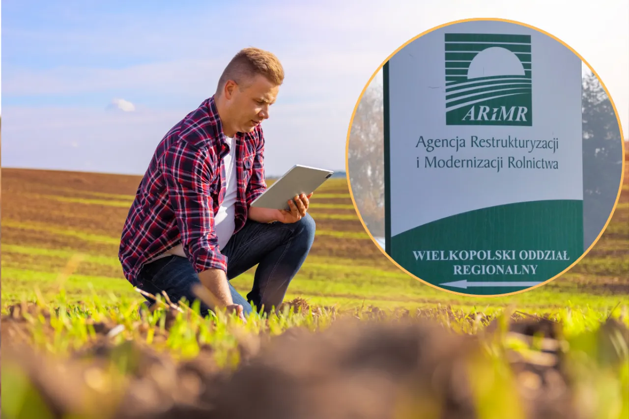 Rolnik sprawdza na tablecie, jak sprawdzić wysokość dopłat bezpośrednich. W tle tablica ARiMR.