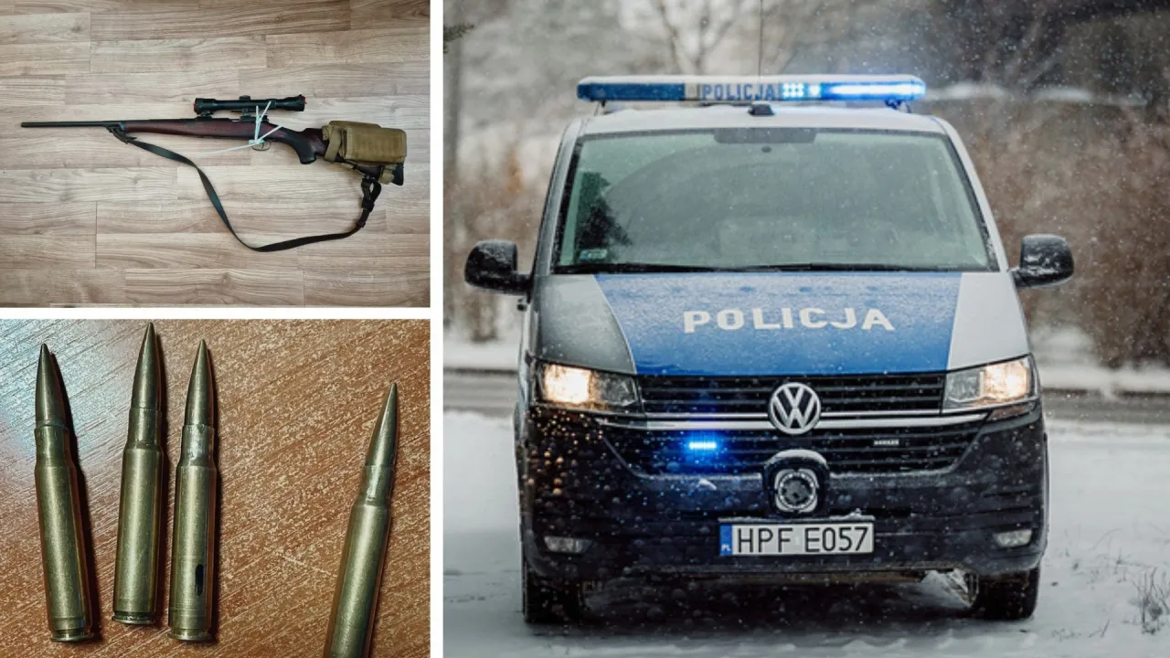 Broń i amunicja na stole, obok radiowóz policyjny. Czy myśliwy może nosić broń w miejscu publicznym?