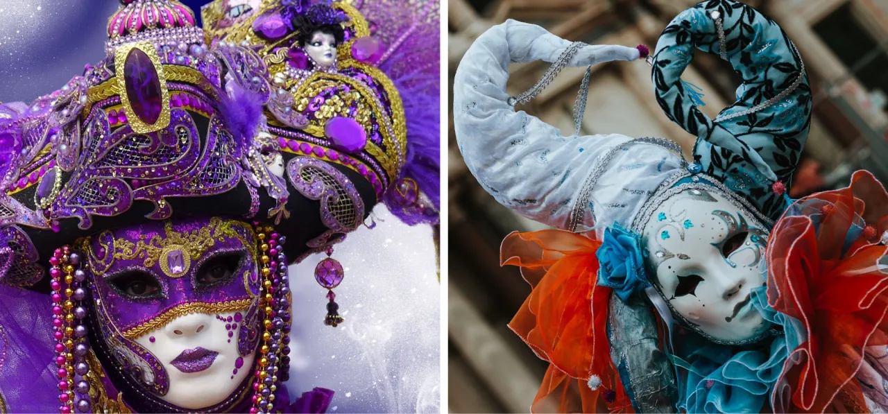 Zdobione maski weneckie: fioletowa, bogato zdobiona klejnotami i złotem, oraz biała z niebieskimi akcentami, ozdobiona kolorowymi tkaninami.