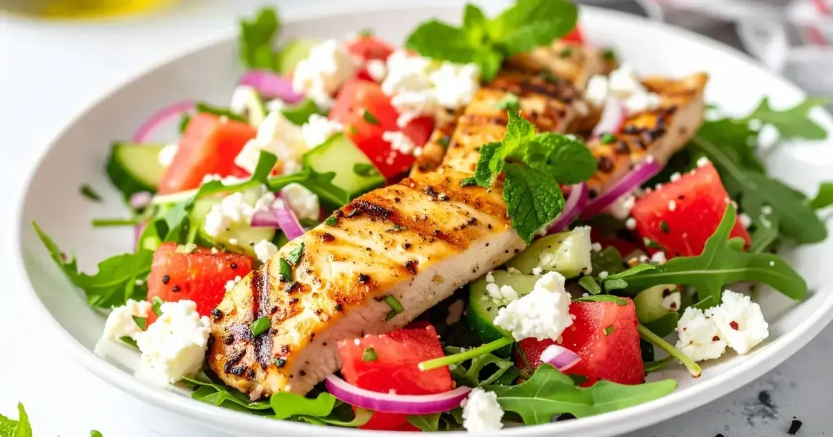 Melonen Feta Salat als Beilage zu gegrilltem Hähnchen auf einem Teller