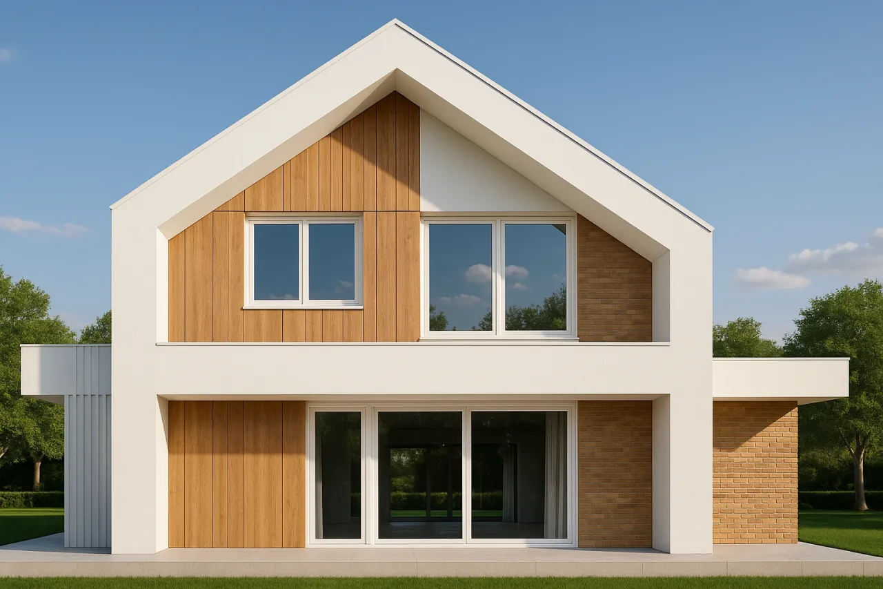 Elewacja drewniana z białymi oknami