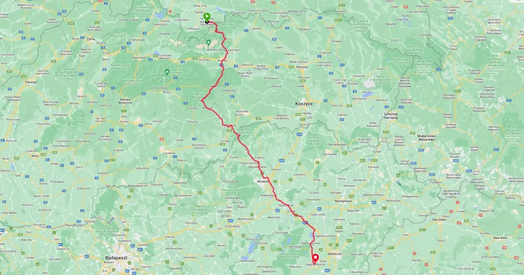 Mapa trasy Polska Węgry Hajduszoboszlo