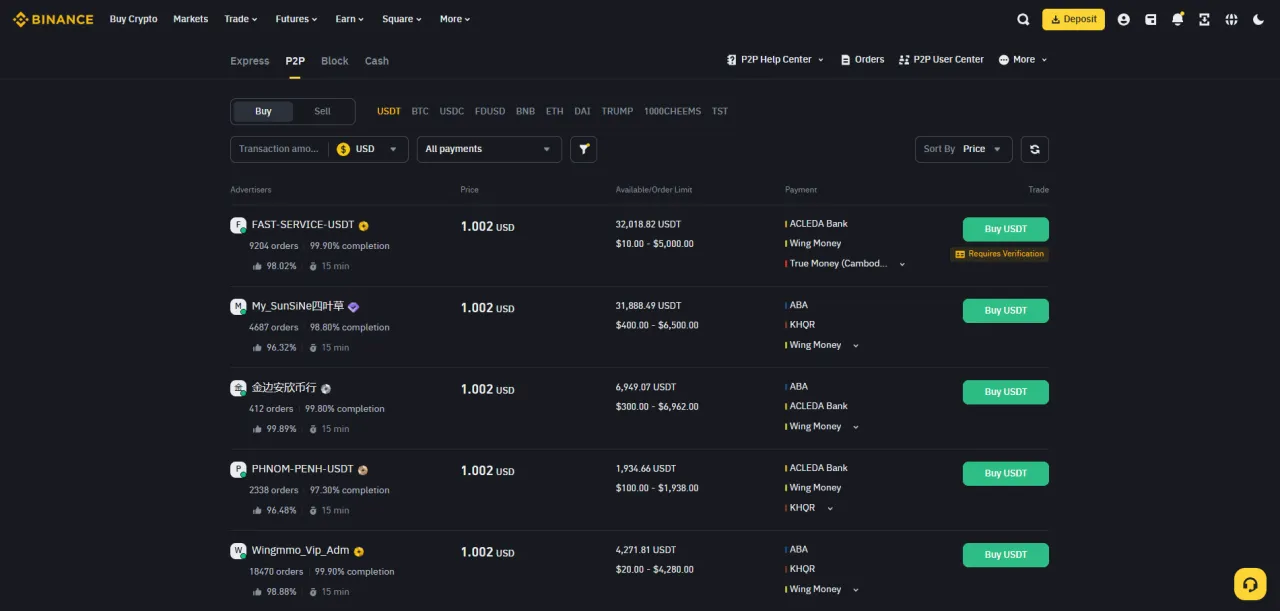 Ekran Binance P2P, pokazujący oferty kupna USDT. Dowiedz się, jak handlować na Binance, przeglądając dostępne opcje.