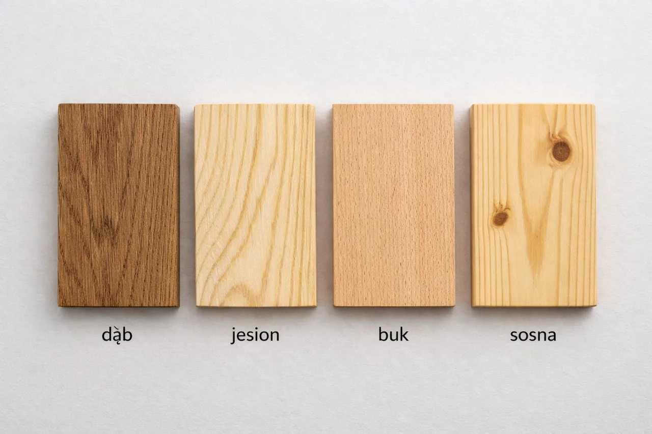 Próbki drewna: dąb, jesion, buk, sosna. Pomoc w wyborze drewna na meble.