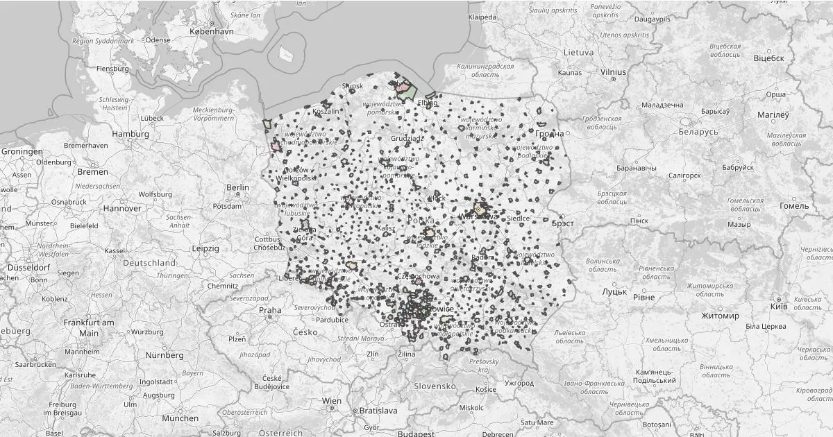 Mapa Polski z zaznaczonymi osiedlami lub widokiem satelitarnym