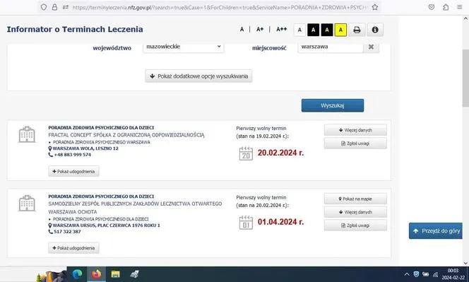 terminyleczenia.nfz.gov.pl wyszukiwarka kolejek zrzut ekranu