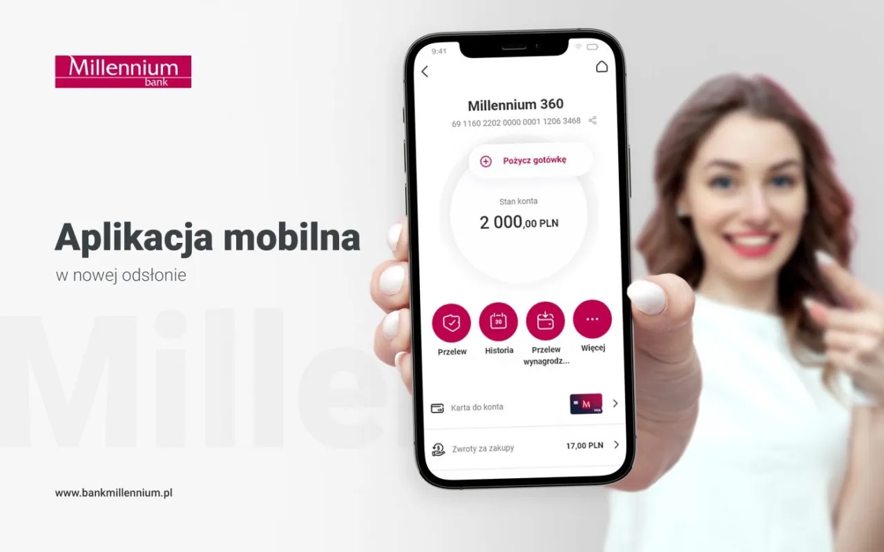Aplikacja mobilna Millennium 360 pokazuje stan konta 2000 PLN. Dowiedz się, jak sprawdzić numer konta Millennium w aplikacji.
