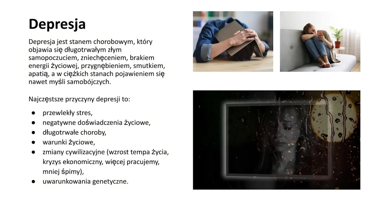 Depresja: przyczyny, w tym uwarunkowania genetyczne. Obraz przedstawia osoby w stanach smutku i przygnębienia.