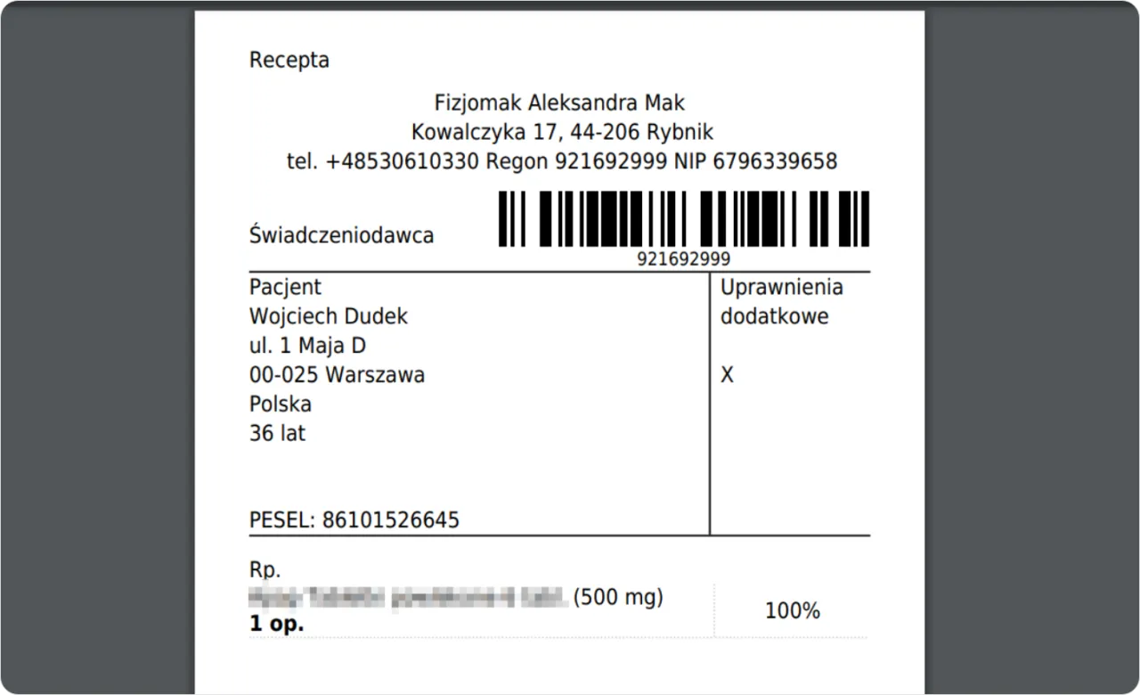 e-recepta widok ekranu lub wydruk informacyjny