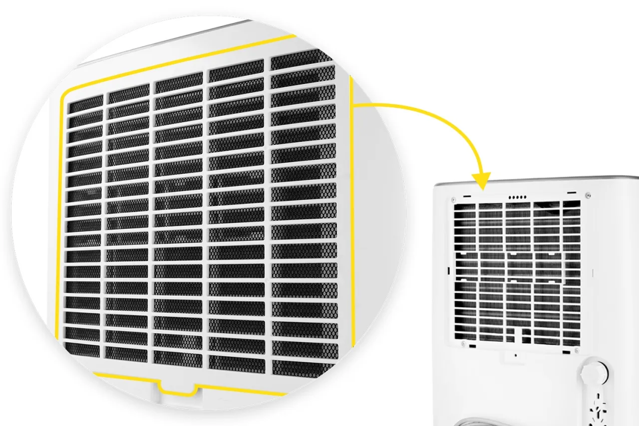 Szara siatka wentylacyjna klimatyzatora, kt&oacute;ra może pom&oacute;c w walce o czyste powietrze ze smogu.