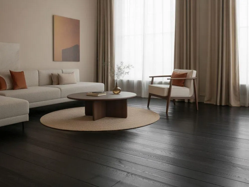 ciemna podłoga różne faktury mebli welur drewno metal