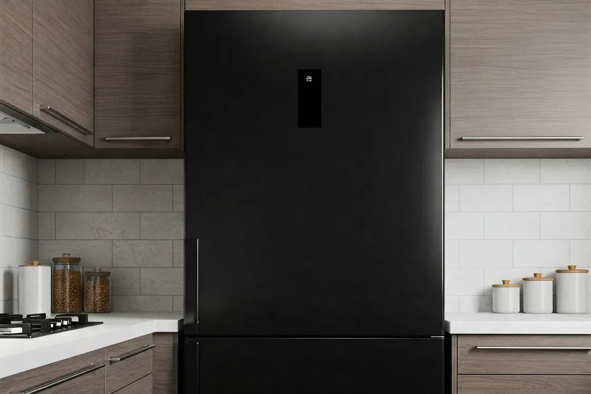 Czarna lodówka w nowoczesnej kuchni