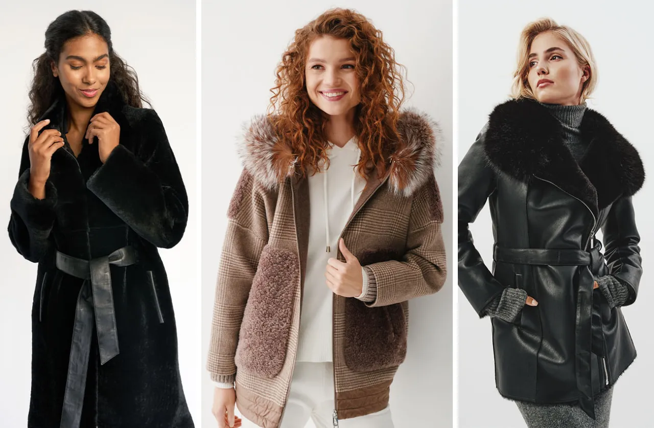 Trzy kobiety prezentują stylowe okrycia wierzchnie: czarny sztuczny kożuszek damski, brązową kurtkę w kratę z futrzanymi wstawkami i kapturze oraz czarną kurtkę ze skóry ekologicznej z futrzanym kołnierzem.