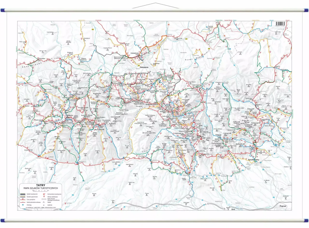Mapa turystyczna Tatr z zaznaczonymi szlakami. Szukasz informacji, jaki szlak na Turbacz? Mapa pokazuje r&oacute;żne kolory szlak&oacute;w i czas przejścia.