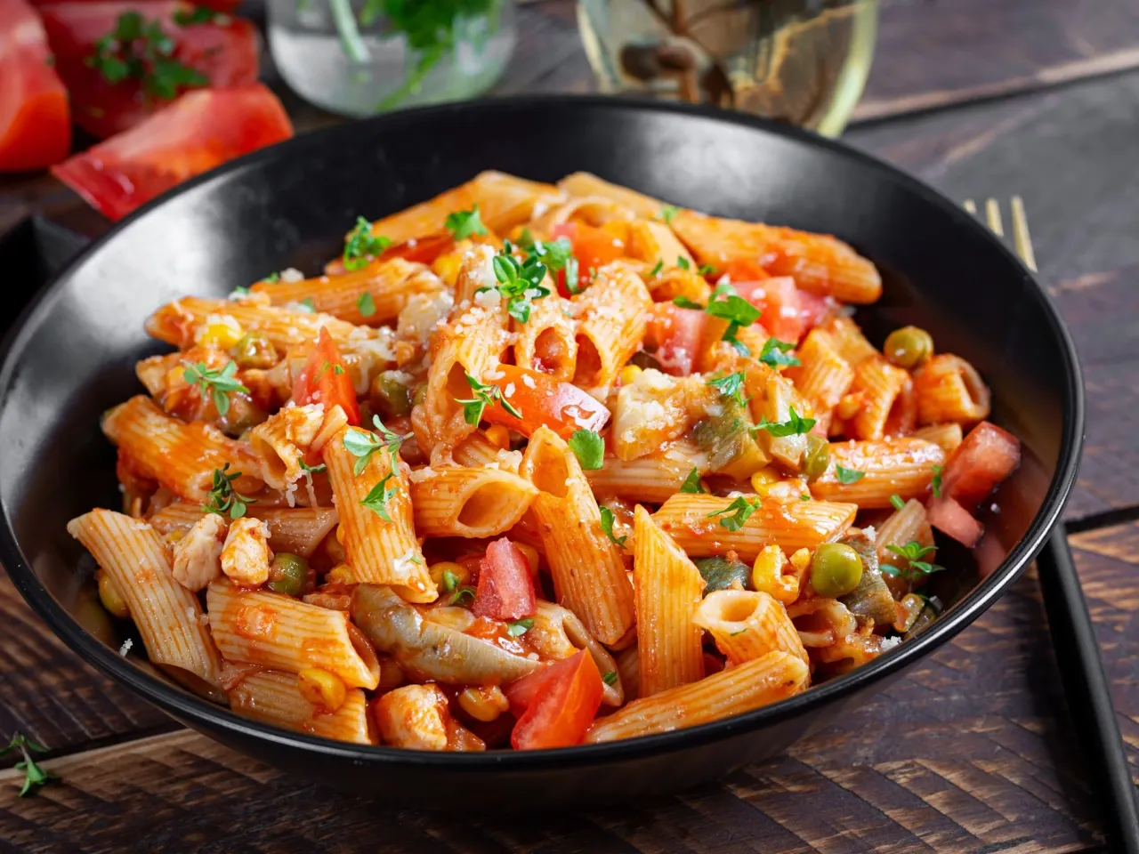 Penne z kurczakiem i sosem pieczarkowym, pomidorami i groszkiem, posypane parmezanem i natką pietruszki.