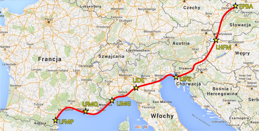 Mapa trasy Polska Hiszpania przez Czechy Austrię Włochy