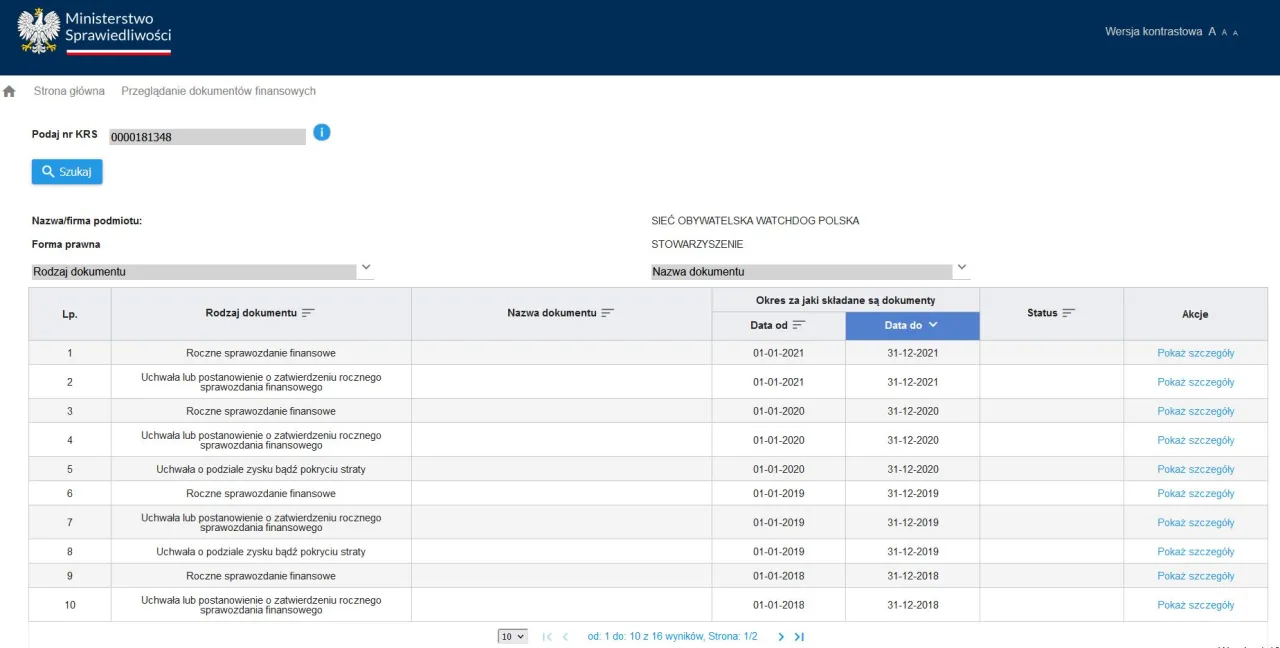 Wyszukiwarka KRS Ministerstwa Sprawiedliwości z przykładem wyszukiwania