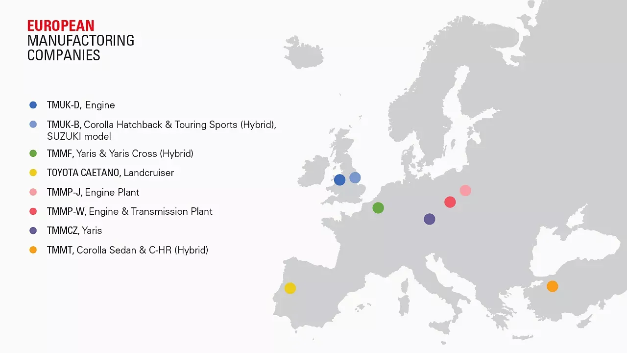 Mapa fabryk Toyoty w Europie