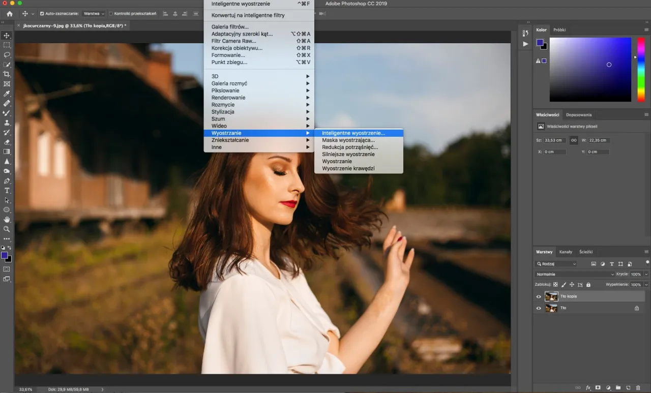 Inteligentne Wyostrzanie Photoshop okno dialogowe