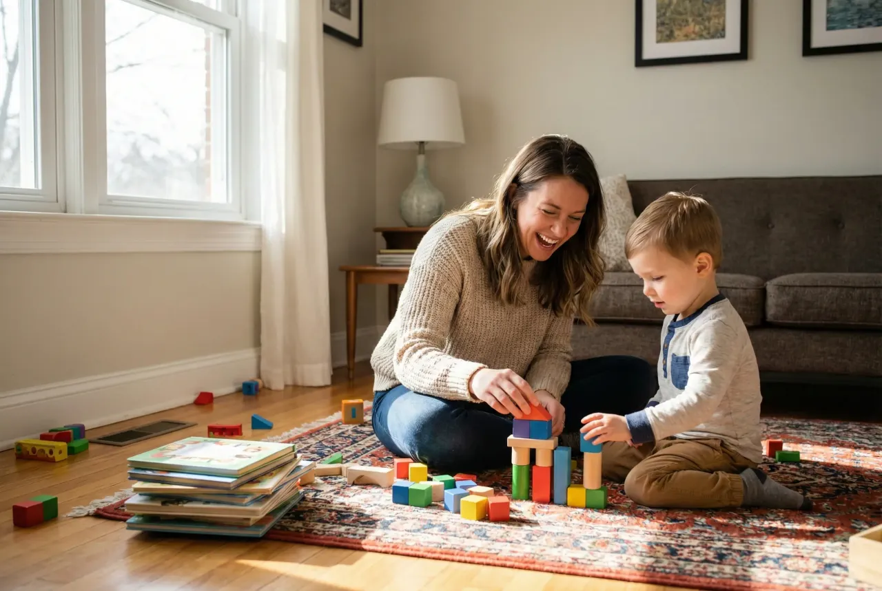 Radosne dziecko 5 lat buduje wieżę z klocków z mamą.