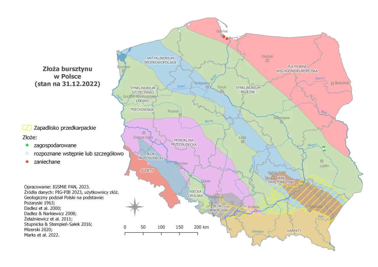 Mapa Polski z zaznaczonymi bursztynowymi plażami