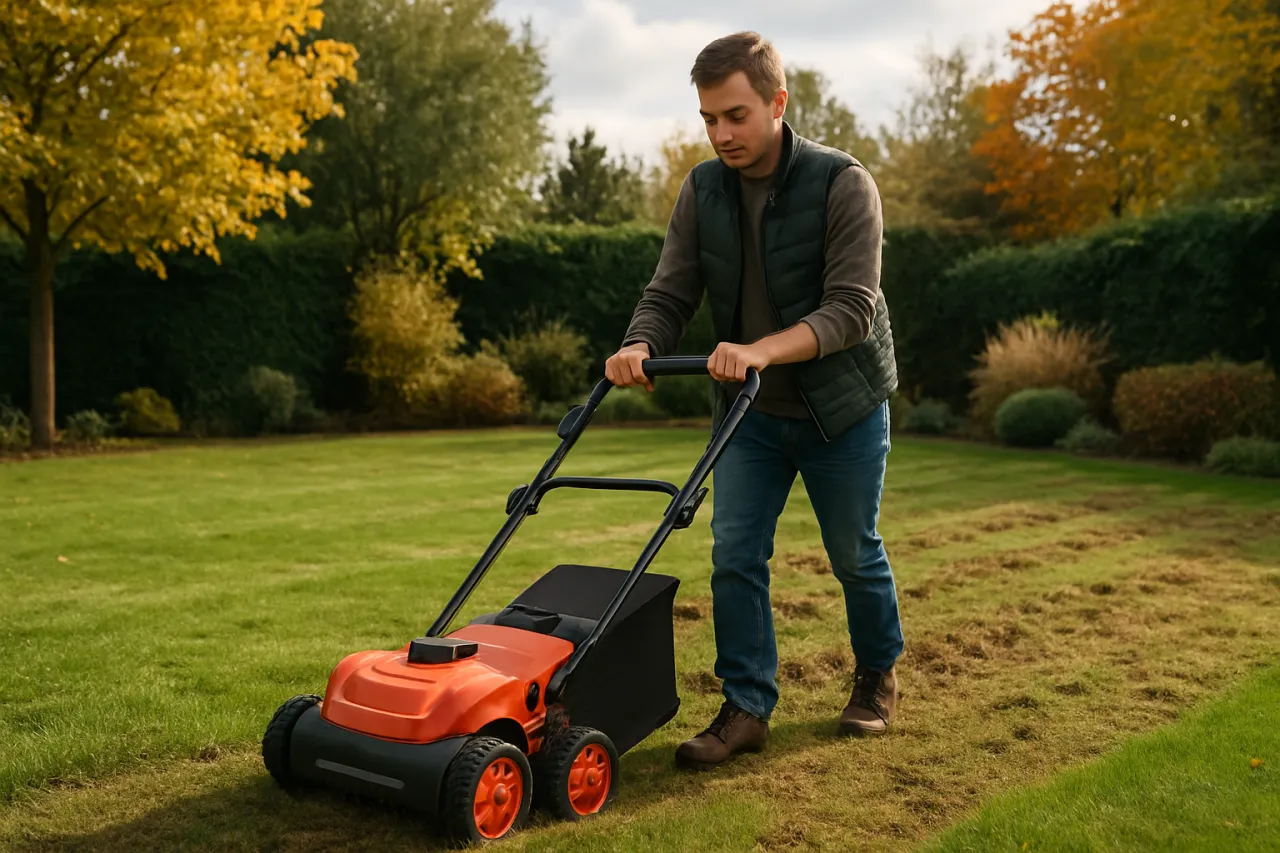 Mężczyzna pracuje w ogrodzie, używając wertykulatora do aeracji trawnika. Jesienne drzewa w tle.