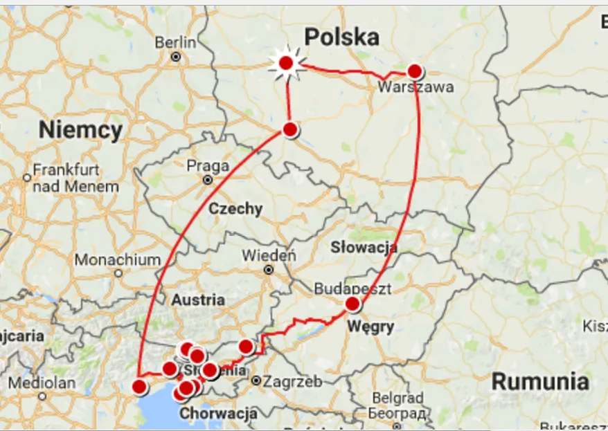 Mapa trasy samochodowej Polska Makarska Słowenia Węgry