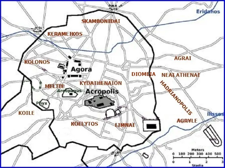 Mapa starożytnych Aten z agorą i Pnyx