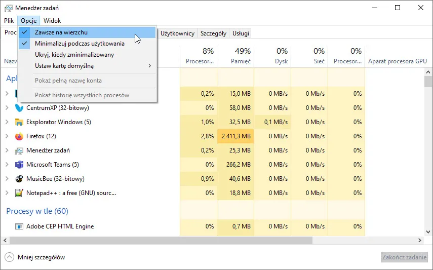 Menedżer Zadań Windows jak zakończyć proces