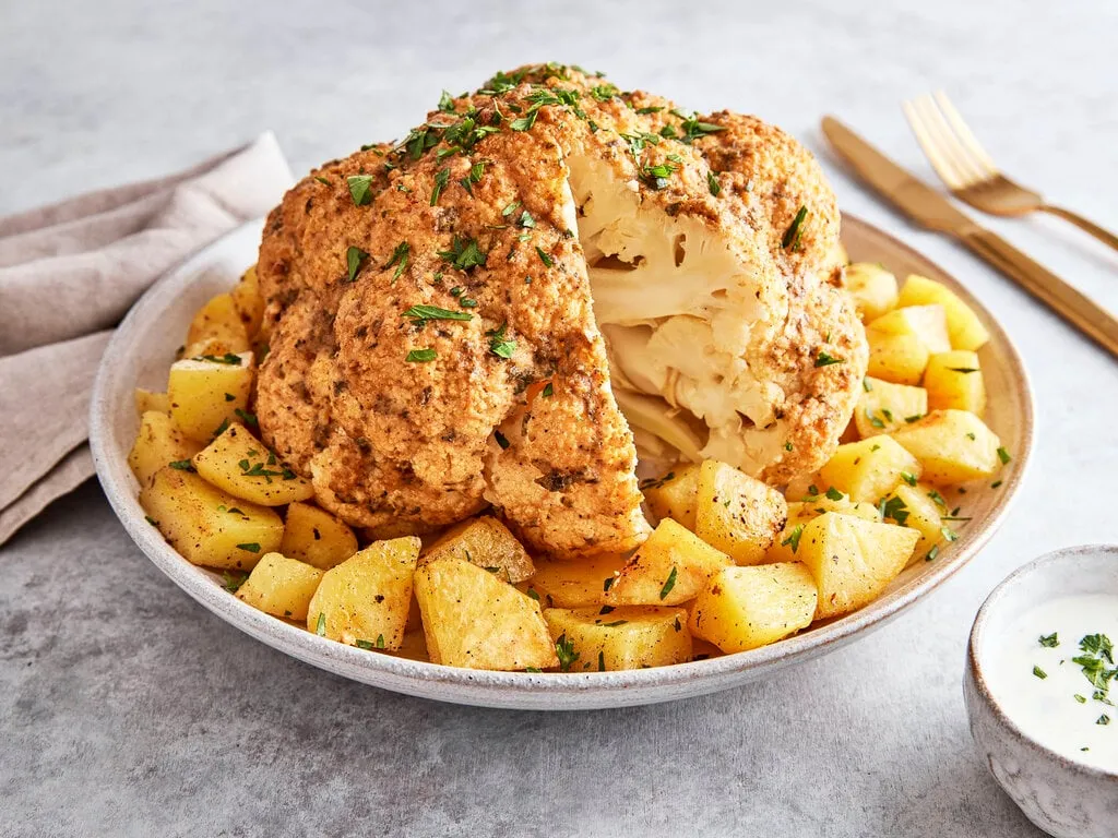 Ganzer Blumenkohl im Ofen mit orientalischer Kruste serviert