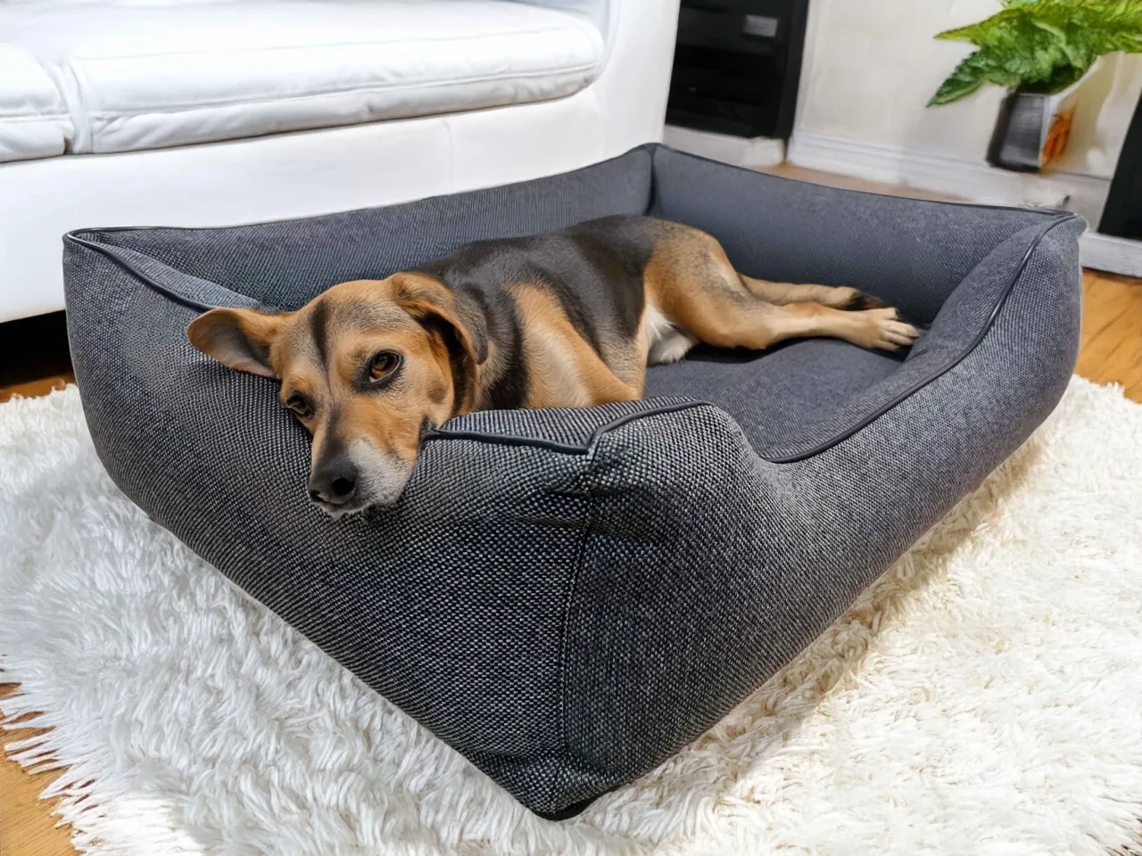 Pies w bezpiecznym legowisku, spokojny