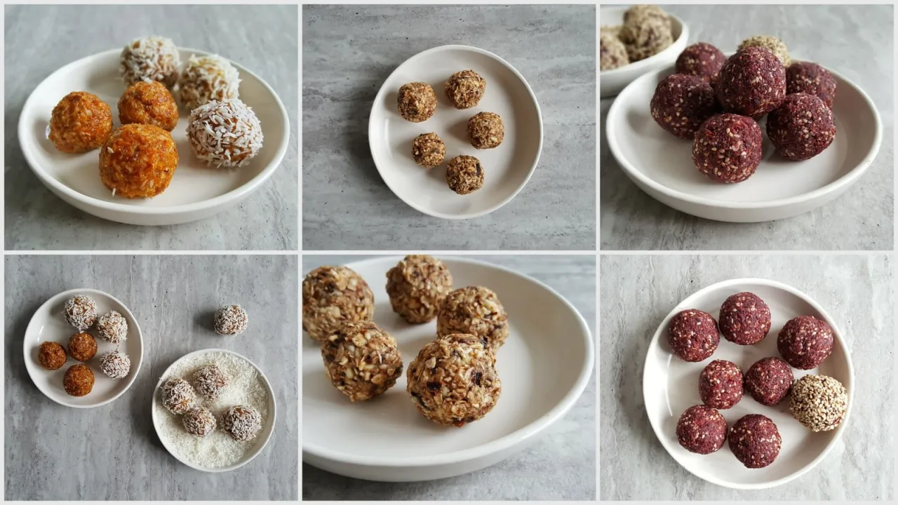 Różne rodzaje kulek mocy: z wiórkami kokosowymi, płatkami owsianymi i buraczane. Idealne na szybki zastrzyk energii.