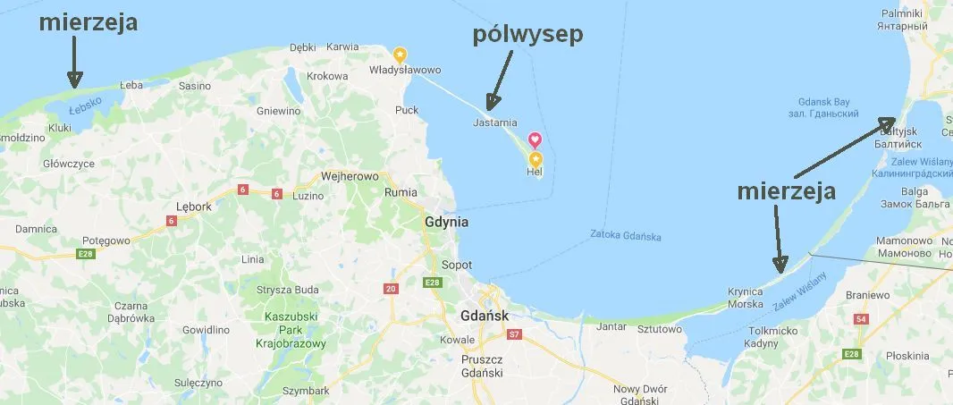 Mapa Półwyspu Helskiego z zaznaczonymi miejscowościami
