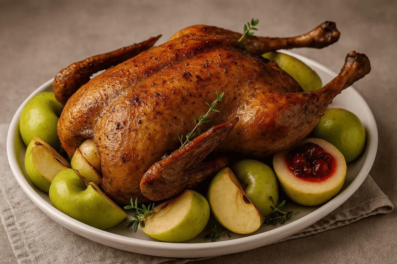 Kaczka i gęś pieczone z jabłkami na świątecznym stole