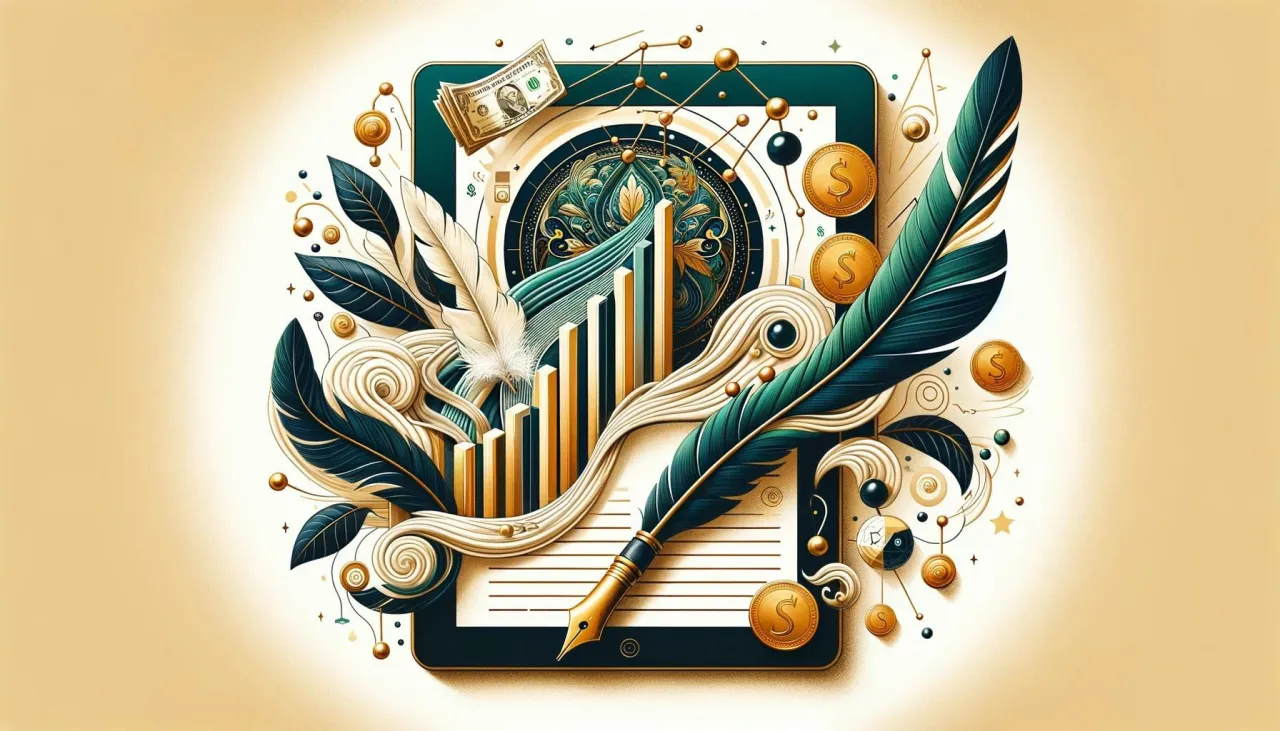 Grafika symbolizująca jak zarabiać na blogu: pi&oacute;ro, wykresy, monety i banknoty na tle tabletu.